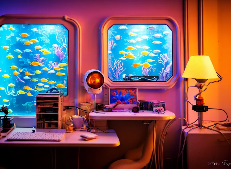 Image similar to telephoto 7 0 mm f / 2. 8 iso 2 0 0 photograph depicting the feeling of chrysalism in a cosy cluttered french sci - fi ( art nouveau ) cyberpunk apartment in a pastel dreamstate art cinema style. ( aquarium, computer screens, window ( city ), leds, lamp, desk ( ( ( armchair ) ) ) ), ambient light.