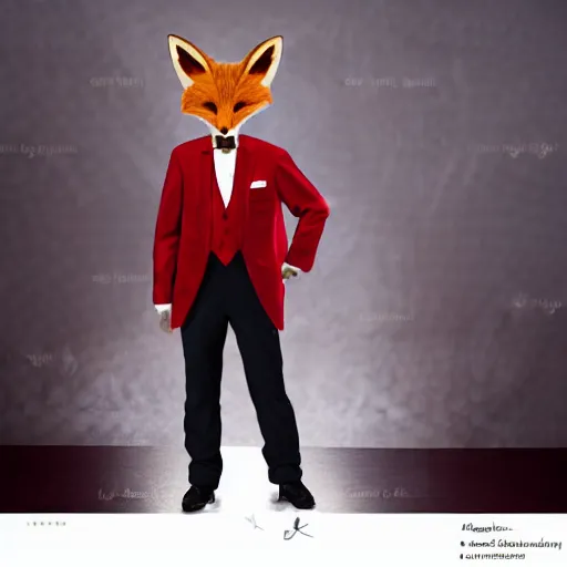 Image similar to realistic ballroom photo of an anthropomorphic fox in a dark red tuxedo