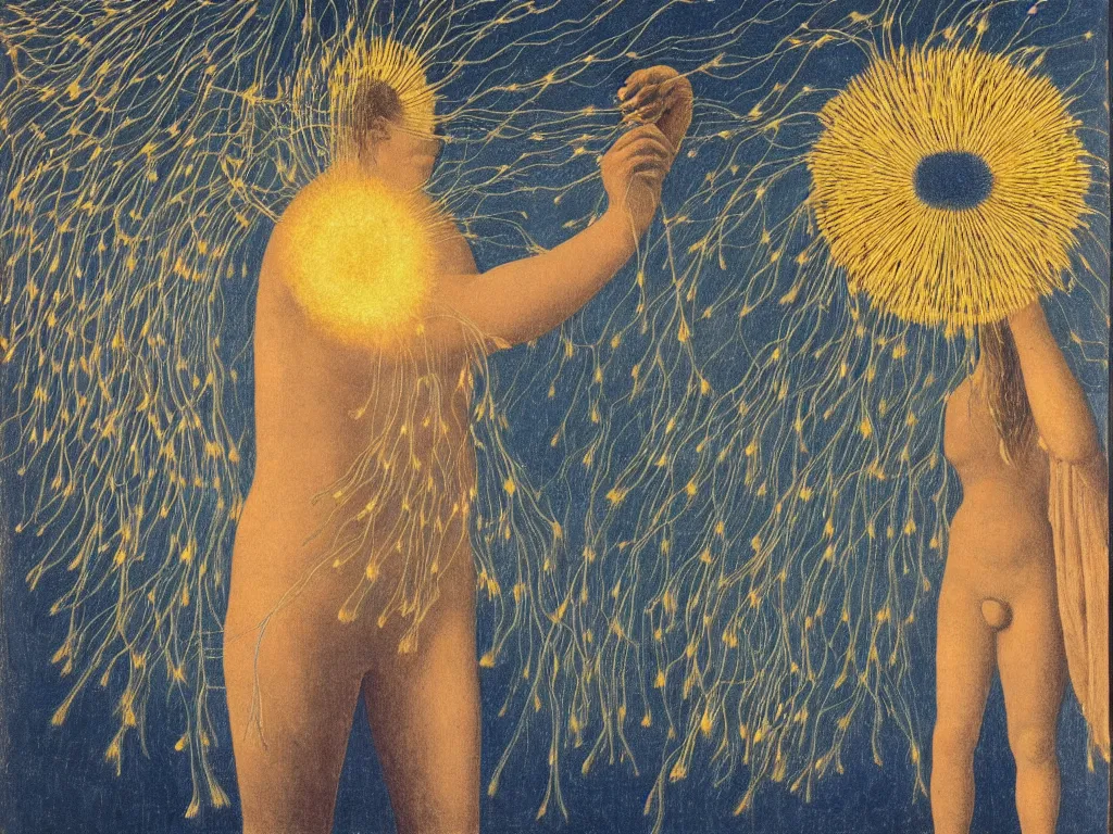 Image similar to Delicate hands holding a jug in front of giant Glowing Dandelion seed storm, African god mask fountainhead windswept. Torso of a woman. Painting by Rene Magritte, Piero della Francesca, Jean Delville, Max Ernst, Maria Sybilla Merian