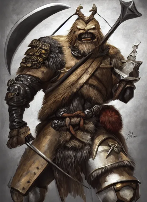 Image similar to strong young man, photorealistic bugbear ranger holding aflaming sword, black beard, dungeons and dragons, pathfinder, roleplaying game art, hunters gear, jeweled ornate leather and steel armour, concept art, character design on white background, by studio ghibli, makoto shinkai, kim jung giu, poster art, game art