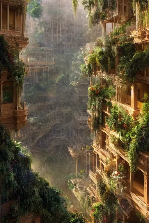 Image similar to magnificent view of the hanging gardens of babylon, intricate, elegant, volumetric lighting, digital painting, highly detailed, artstation, sharp focus, illustration, concept art, ruan jia, steve mccurry