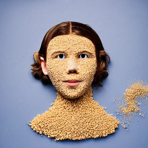 Image similar to millie bobby brown made out of millet, human face made out of millet, professional food photography