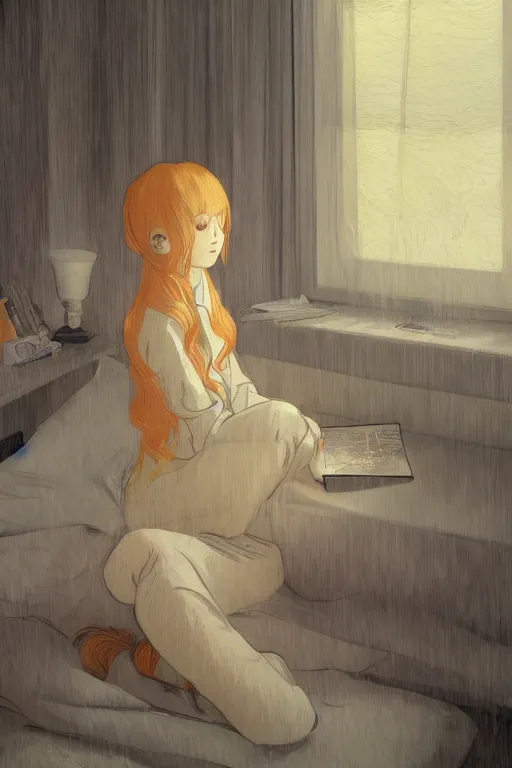 Image similar to a girl in a jk uniform outfit in the bedroom reading a book in a night, raining outside the window, grey and orange theme ， wavy white long hair, by krenz cushart and mucha and akihito yoshida and greg rutkowski and makoto shinkai and vincent van gogh and monet, detailed eyes, 4 k resolution