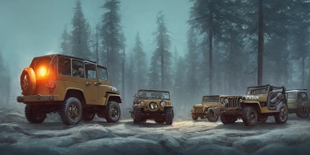 Image similar to Jeep Willys, an epic fantasy, dramatic lighting, cinematic, establishing shot, extremely high detail, photorealistic, cinematic lighting, artstation, by simon stalenhag, horizon forbidden west