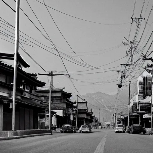 Image similar to 1950s Korean thriller film noir, a view of Shin Sang-ok in the middle of an empty scene, 35mm film, Cooke Varotal 20-100 T3.1