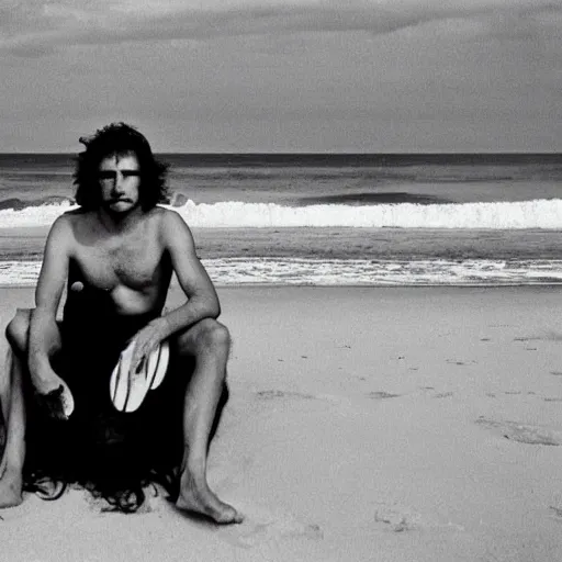 Prompt: 1980's photograph of a gothic surfer dude on a beach with a surfboard on his lap, photography