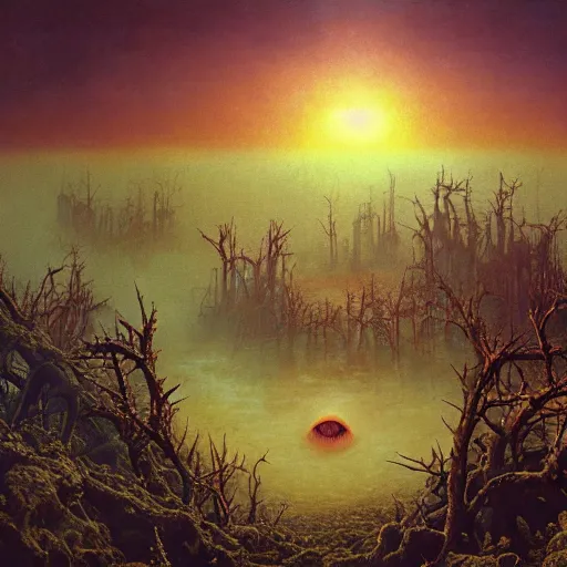 Image similar to an incredibly beautiful but ominous matte painting depicting horrifying huge burning eyes and jagged bloody teeth and thorns, overgrowing a desolate ruins submerged in fog beneath the setting sun by lisa frank and beksinski and wayne barlowe, exquisite detail, post processing, masterpiece, cinematic, sharp focus, deep colors