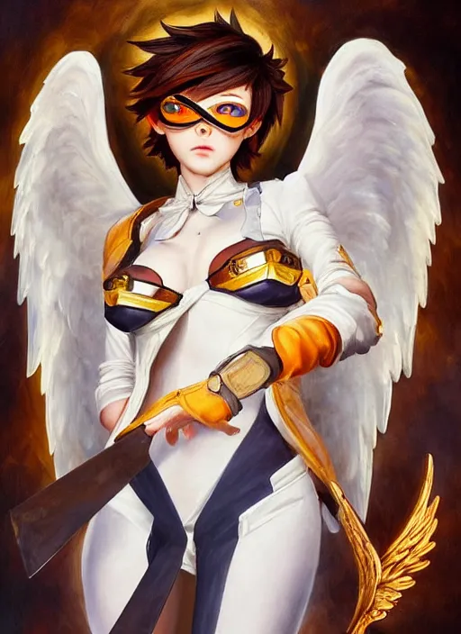 Image similar to full body oil painting of tracer overwatch in the style of sophie anderson, angel wings, white dress, dramatic painting, symmetrical composition, ornate, high detail, gold detailed collar, blooming, lights, flowers,