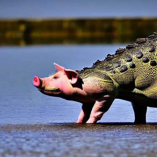 Image similar to hybrid of a pig and a crocodile, 4 k, nature photograph