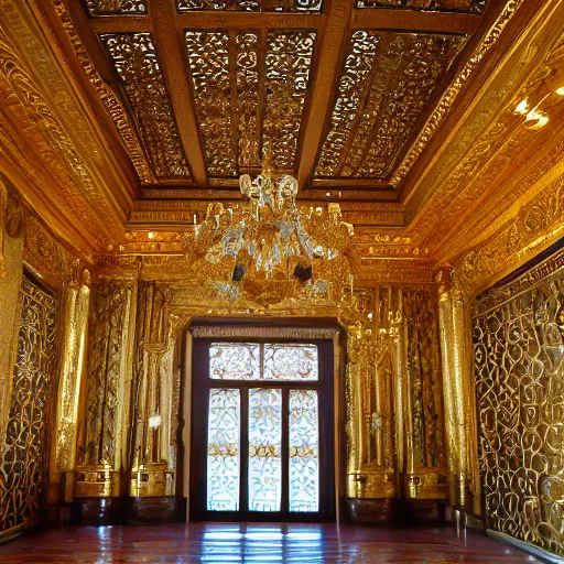 Prompt: interior shot of a beautiful golden oriental palace
