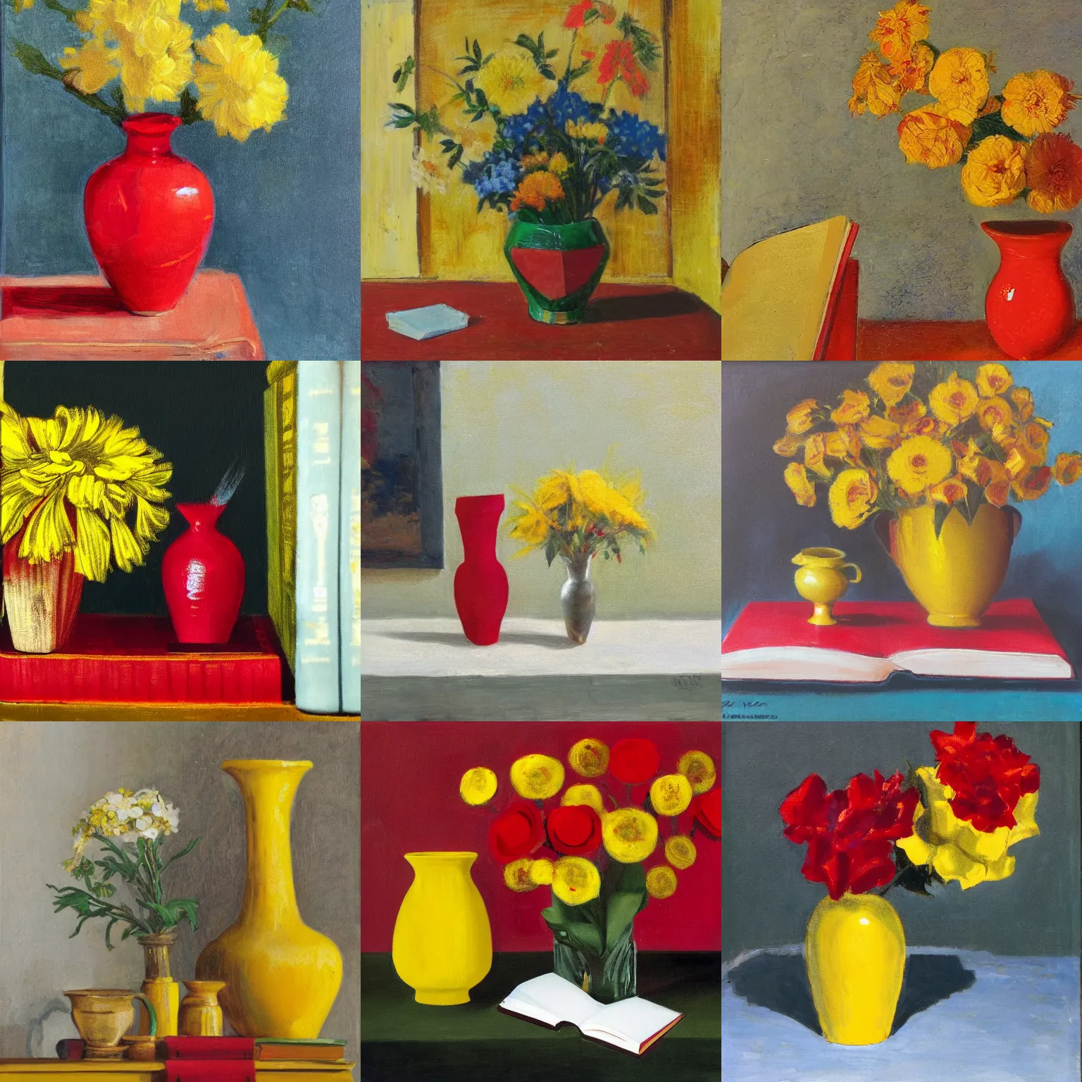 Prompt: A yellow book and a red vase