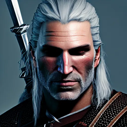 Image similar to portrait of geralt of rivia from the witcher, unreal engine, octane render, studio lighting, intricate details, realistic