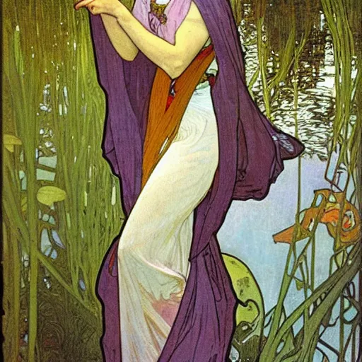 Prompt: lady of the lake by alphonse mucha