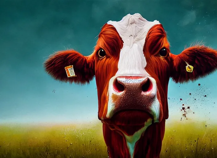 Prompt: Guernsey Cow portrait, photorealistic, highly detailed, art by simon stalenhag, raymond swanlad and alberto seveso