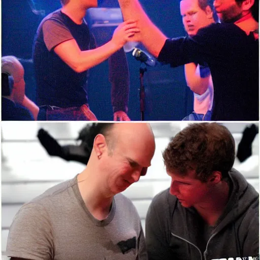 Image similar to billy corgan and mark zuckerberg fighting over a girl. both are very angry. billy goes over to mark and rips off his shirt. then billy throws mark in the ground and breaks his face and hands.