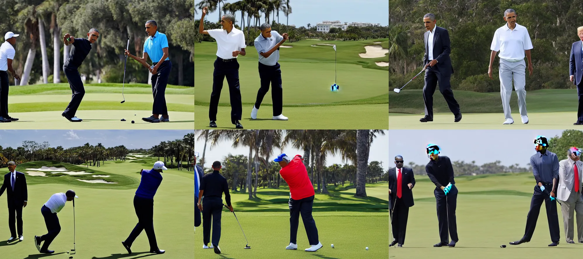 Prompt: Barack Obama playing golf with Donald Trump Mar-a-lago while the FBI is in the background