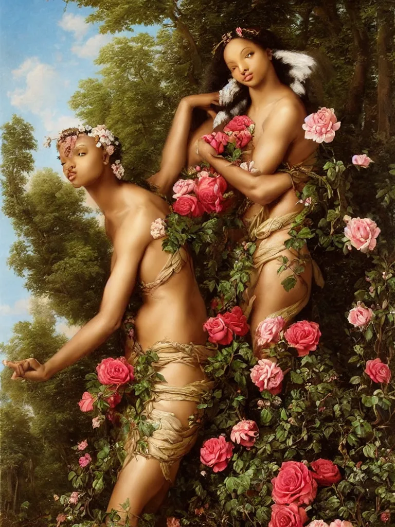 Image similar to jasmine tookes the goddess of love : : background of roses, myrtle, doves : : rococo, academicism