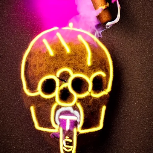 Prompt: Fuzzy neon skull smoking a pipe, studio photography