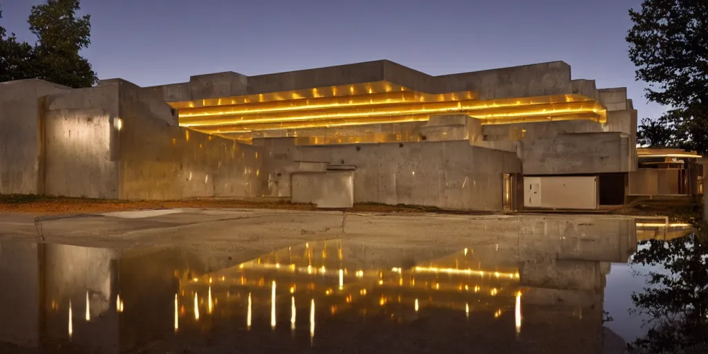 Prompt: wide angle photo of brutalist building made from reflective nickel chrome with copper and gold. late evening with reflective pool and glowing lights. highly reflective and shiny. frank loyde wright