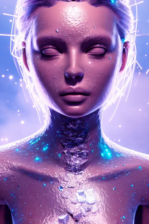 Image similar to a beautiful girl from whose body mineral crystals grow, biopunk, in full growth, magical crystals, smoky crystals, translucent crystals, luminous sparkling crystals, many details, 3 d, cinematic, hyper realism, high detail, octane render