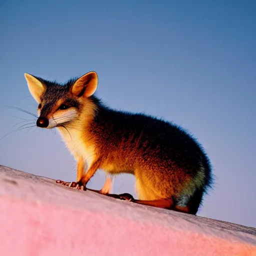 Image similar to a low angle photo of a possum fox hybrid, at the golden hour, sunset, sunrise, warm lighting, strongshadows, photo by slim aarons, award winning, 4 k, from below, worms - eye - view, low angle