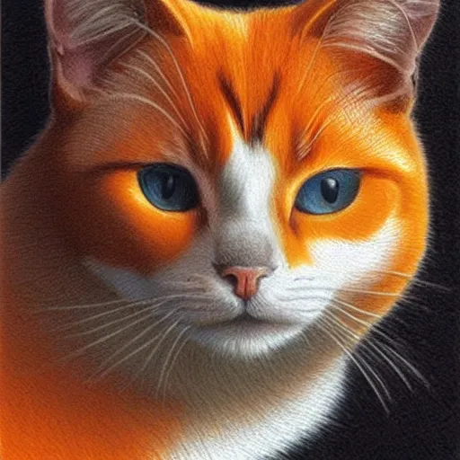 Image similar to a beautiful drawing of a calico cat, orange, black and white fur colors, by quint buchholz