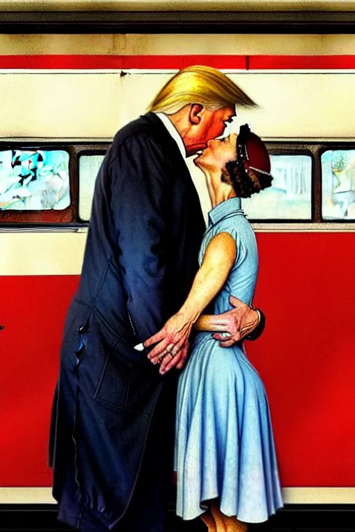 Image similar to romantic couple reunited in a train station, norman rockwell painting of donald trump kissing donald trump