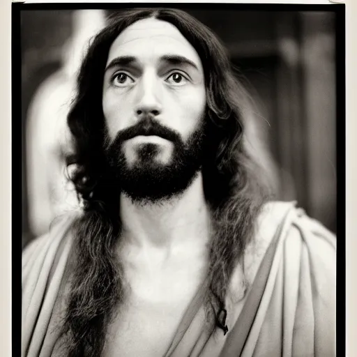 Image similar to photo of Jesus Christ by Diane Arbus, black and white, high contrast, Rolleiflex, 55mm f/4 lens