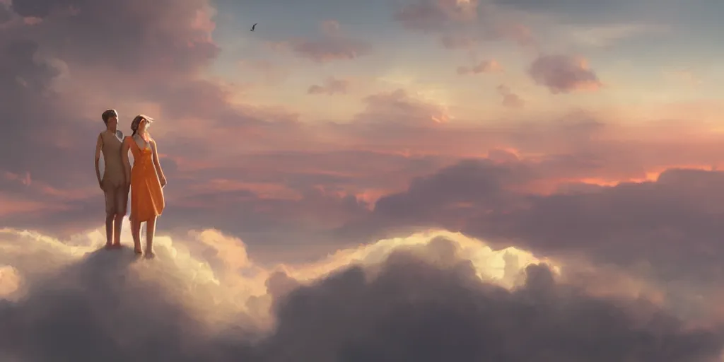 Image similar to a couple floating alone on a cloud having a drink of Champaign high in the sky above Sint-Marteen, artstation, matte painting, goldenhour,