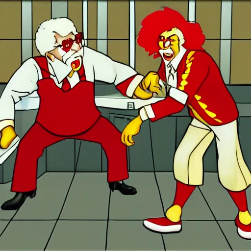 Prompt: Colonel Sanders and Ronald McDonald in a fist fight