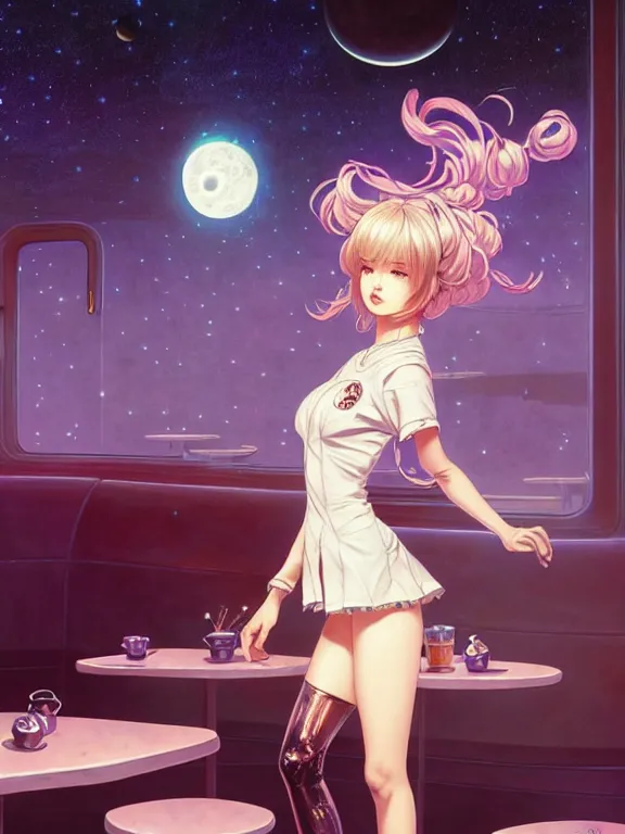 Prompt: full body picture of a space girl in the moon cafe, bored, coveted, beautiful and aesthetic, intricate, unreal engine, messy hair, highly detailed, detailed face, smooth, sharp focus, chiaroscuro, manga illustration, artgerm, greg rutkowski, ilya kuvshinov, rossdraws, alphonse mucha, young adult light novel cover art