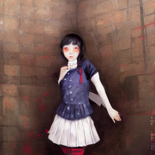 Prompt: a perfect, surrealistic professional oil painting of a Japanese schoolgirl posing in a dystopian alleyway, style of Marvel, full length, by a professional American senior artist on ArtStation, a high-quality hollywood-style concept