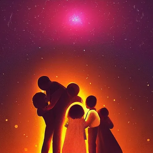 Image similar to “A family hugging each other for the last time as the world is ending, meteors are falling from the sky, everything is on fire, dramatic lighting, digital art, very very very very very very beautiful, 8K, dark lighting, trending on Artstation, award winning”