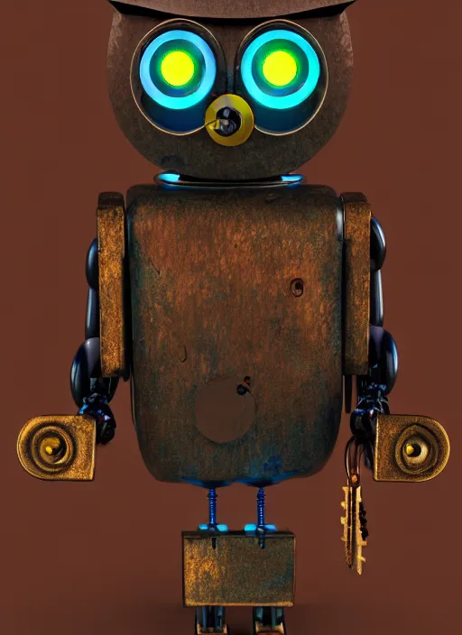 Image similar to colored pencil and pen drawing of an animatronic robot owl, bird made from rusty old keys and padlocks, 4 k photorender realityengine