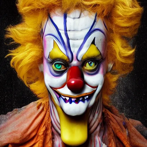 Image similar to 4K headshot of godlike clown with clown nose and defined arms and open hands and bloody clothes with giant mandala wings , intricate runny clown face make-up , flawless anime cel animation by Kentaro Miura, psychedelic , highly detailed upper body , professionally post-processed , beautiful, scary, symmetry accurate features, epic, octane rendered, anime masterpiece, accurate