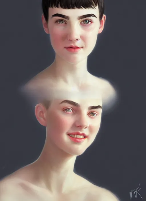 Image similar to portrait of white teenage girl, narrow face, short black hair and eyebrows, bangs, half updo hairstyle, buck teeth, unattractive, defined jawline, long chin, smile, hair bow, intricate, elegant, glowing lights, highly detailed, digital painting, artstation, sharp focus, illustration, art by wlop, mars ravelo and greg rutkowski