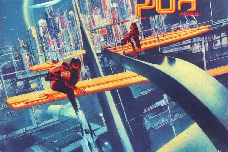 Prompt: 1 9 7 9 omni magazine cover of jumping off a bridge above a park in osaka. cyberpunk style by vincent di fate