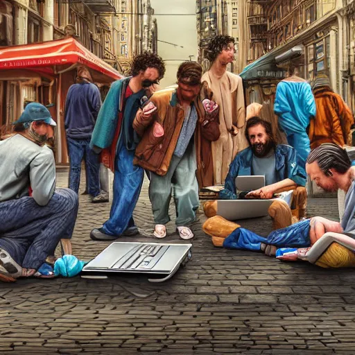 Image similar to a group of realistic bums using laptops near on street, highly detailed, intricate, sharp focus, digital art, 8 k