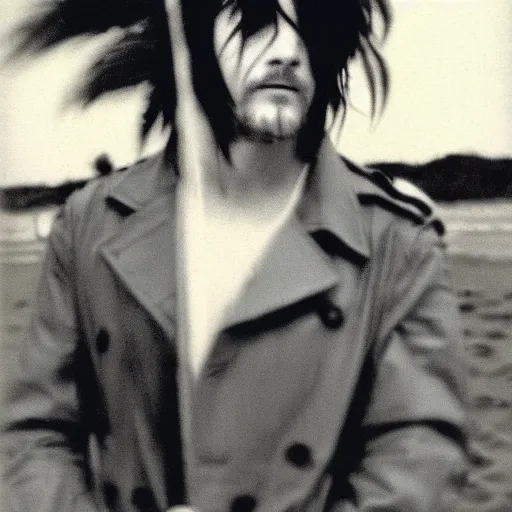 Prompt: 9 0 s polaroid photograph of norman reedus wearing a trenchcoat at night, dancing on a beach during cloudy weather, vignette