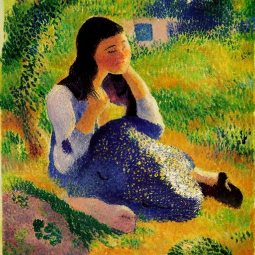 Prompt: young woman dreaming of bubbles and fish, concept art, gouache, camille pissarro