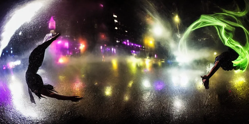 Image similar to fisheye lens slow motion with trail effect of beautiful break dancer wearing floating long dress with neon lights, long exposure shot , at night in the middle of a rainy wet street, paddle of water, steam, fog, water splashes, rim lights, glossy reflections, water droplets on lens, octane render, dark and dramatic, fire explosions in the background, detailed and soft, fisheye lens, smooth, sharp focus, illustration, art by artgerm and greg rutkowski and Annie Leibovitz, graphic glitches