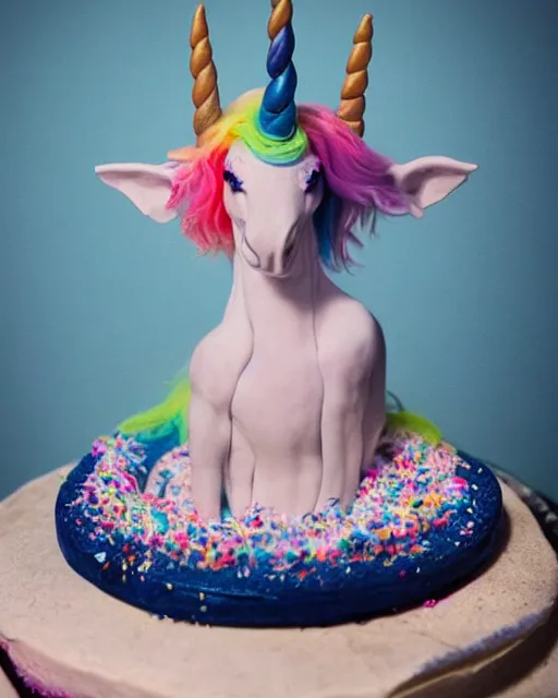 Image similar to photo of a childrens birthday cake scary unicorn designed by beksinski, bokeh