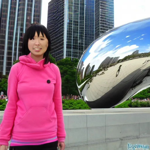 Prompt: Tsukasa from Lucky Star manga style at Chicago Cloud Gate