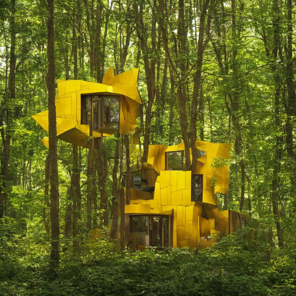 Prompt: a tiny tiny house in a light forest, designed by Frank Gehry. Tiles. Film grain, cinematic, yellow hue