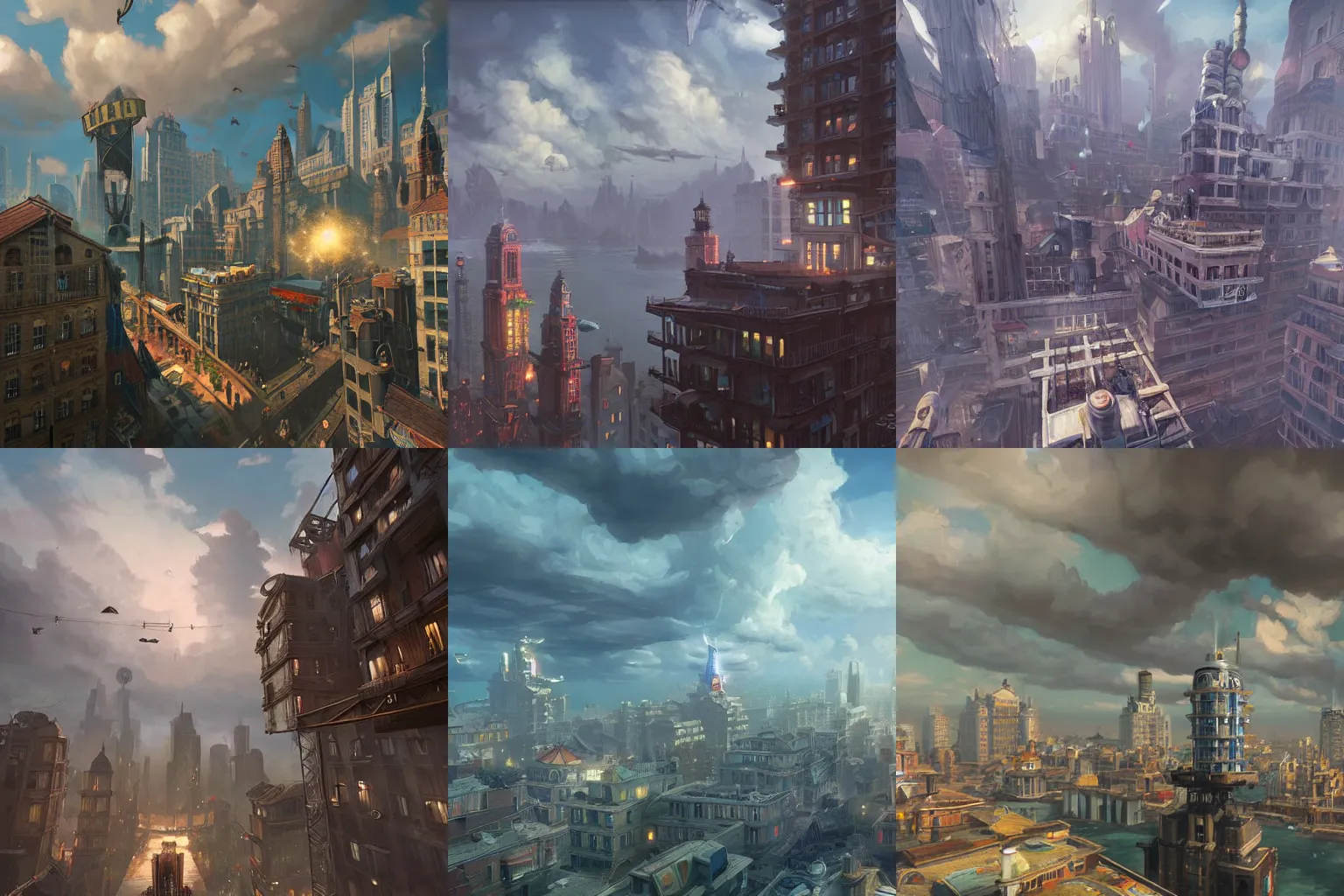 Prompt: floating city buildings connected by walkways, bioshock infinite style, high altitude, clouds, architecture, a realistic digital painting by greg rutkowski and james gurney, trending on artstation, highly detailed, 8 k