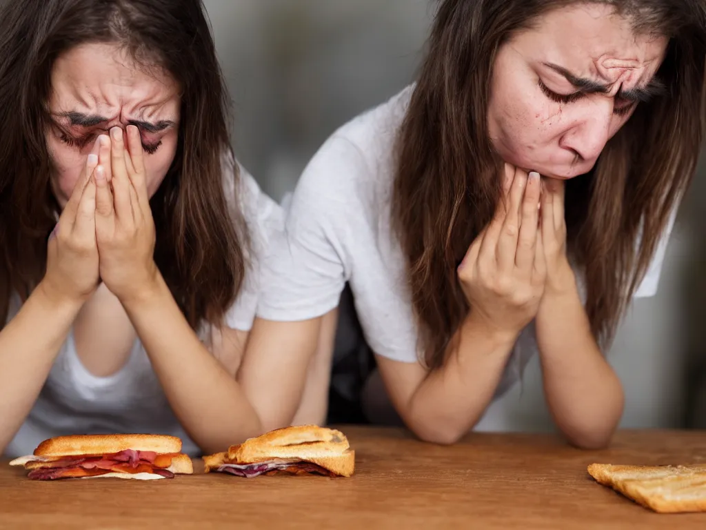 Prompt: woman very upset that she dropped her sandwich on the floor and starts bawling and crying, High Definition detail, 8K, photography