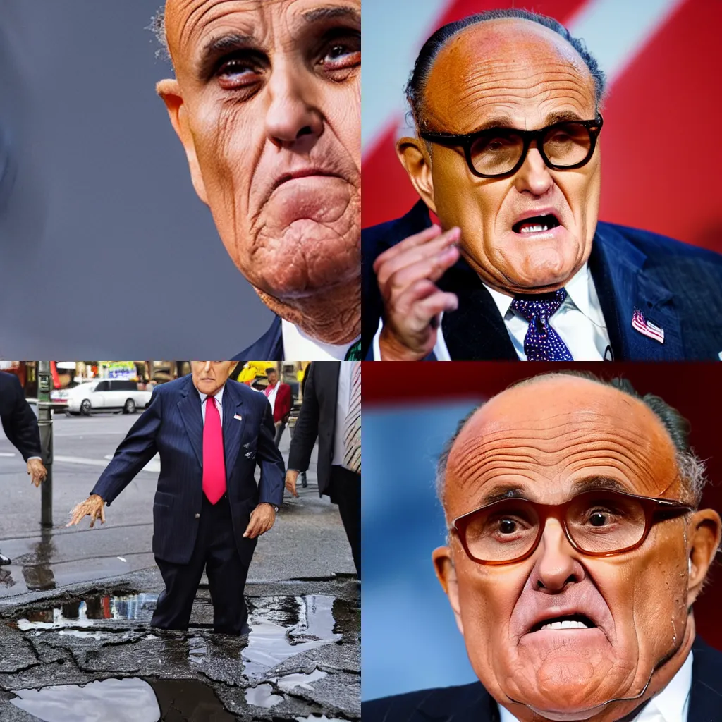 Prompt: Photo of Rudy Giuliani melting in to a puddle, extra greasy, oily sheen, putrid, 4k, high detail