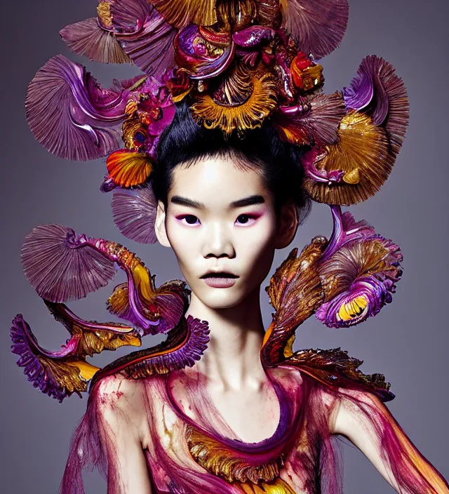 Image similar to photography american portrait of stunning model ming xi. great hair style,, half in shadow, natural pose, natural lighing, rim lighting, wearing an ornate stunning sophistical fluid dress and hat iris van herpen, with a colorfull _ newbaroque _ extreme _ makeup by benjamin puckey, highly detailed, skin grain detail, photography by paolo roversi