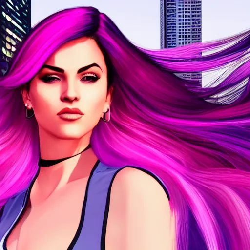 Prompt: a stunning GTA V loading screen with a beautiful woman with ombre hairstyle in purple and pink blowing in the wind, city streets, golden ratio, digital art, trending on artstation