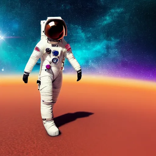 Image similar to A wide angle shot from below of a female astronaut with a feminine body walking with swagger towards camera on mars in an infinite universe , synthwave digital art